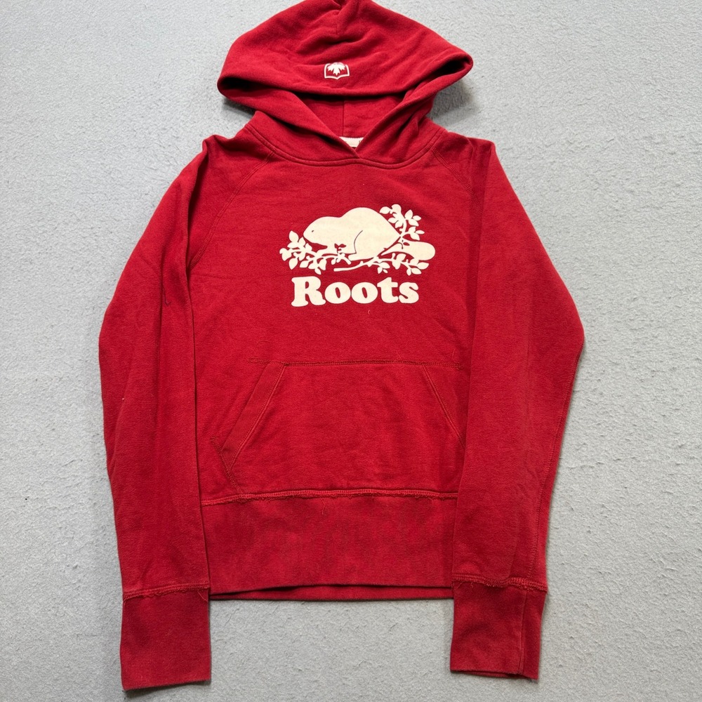 Roots Hoodie Women's XS Red Fleece Lined Cotton Beaver Pullover Athletic Lounge